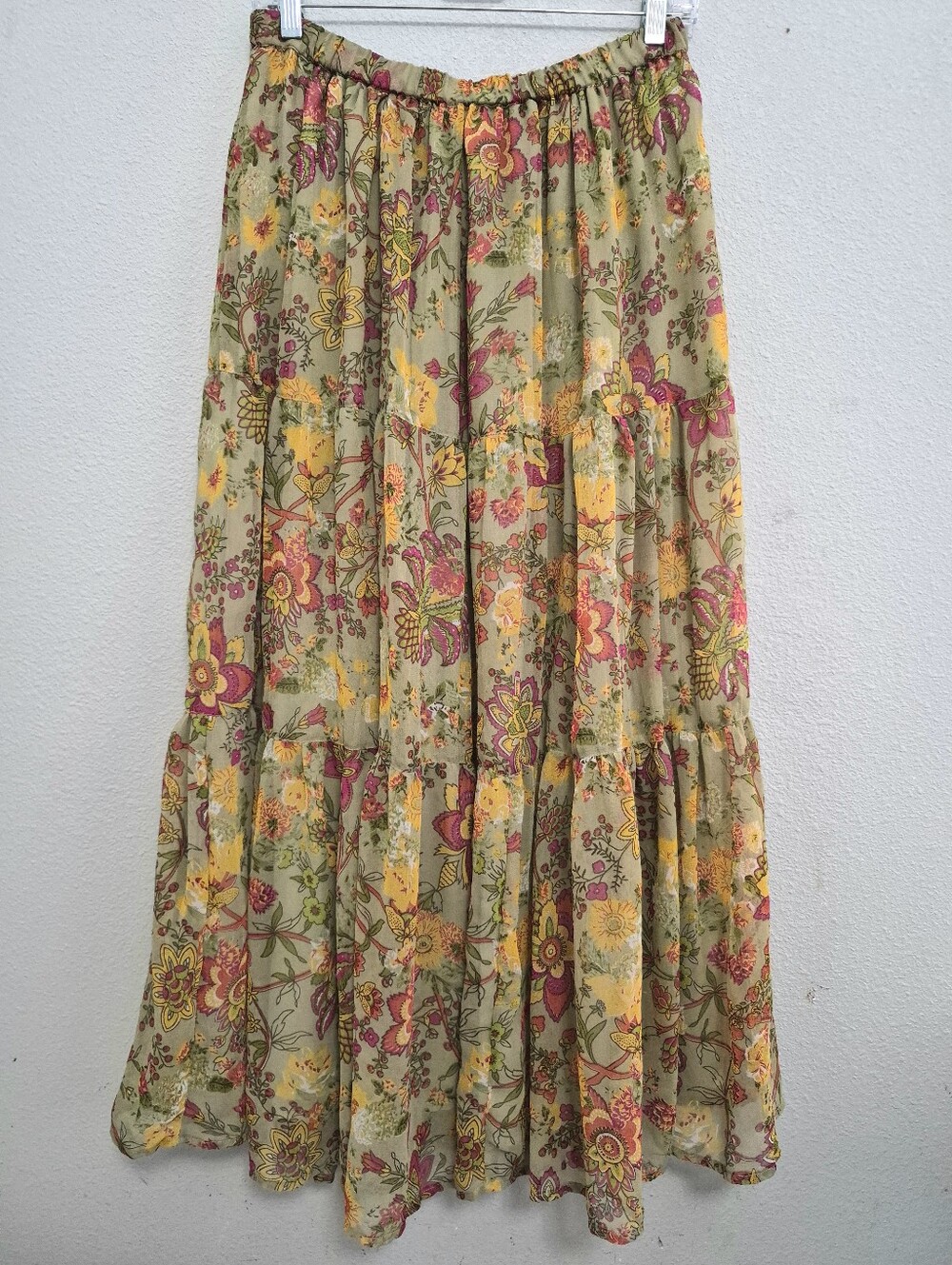 Krazy Kat Sage Floral Print Tiered Maxi Skirt Small Boho